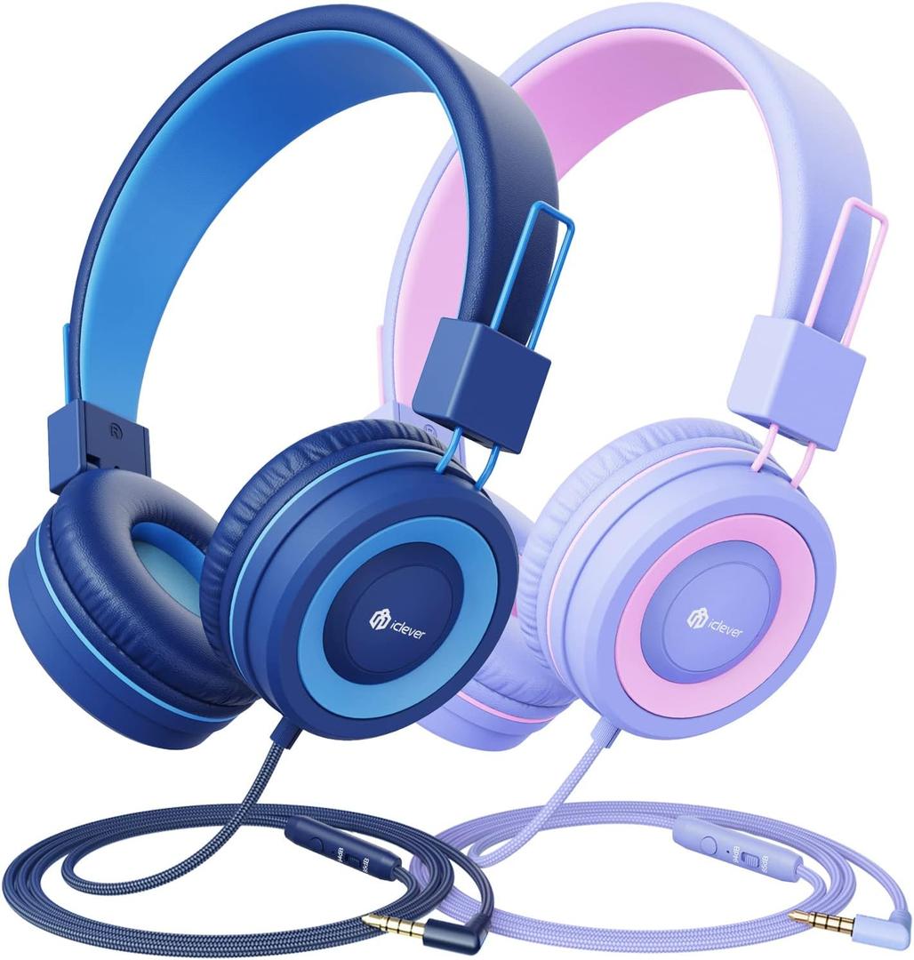 iClever [2 Pack] Kids Headphones with Microphone for Online Schooling - Safe Volume Limited 85dB/94dB, Adjustable Foldable Headphones for Girls/Boys/Airplane/Computer/Laptop (Purple&Blue)