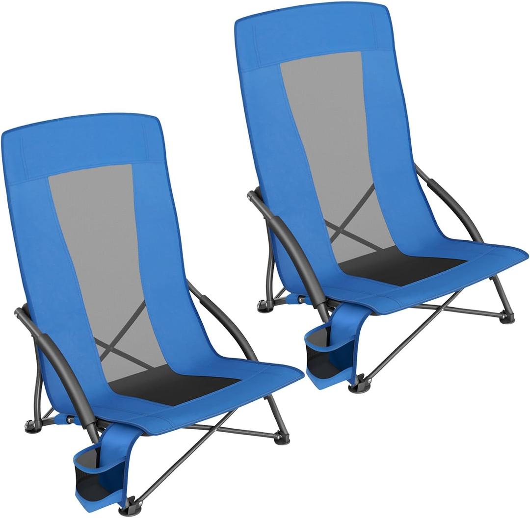 SONGMICS Set of 2 Portable Beach Chairs for Adults, Max. Load 330 lb Each, High Backrest, Cup Holder, Lightweight, Heavy-Duty, Blue UGCB067Q02V1, 21.7"D x 26"W x 30.7"H