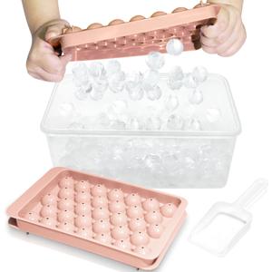 WIBIMEN Ice Cube Tray with Lid and Bin - Round Ice Trays for Freezer with Lid - Ice Cube Trays for Freezer with Ice Container (1"-2Pack,Pink)