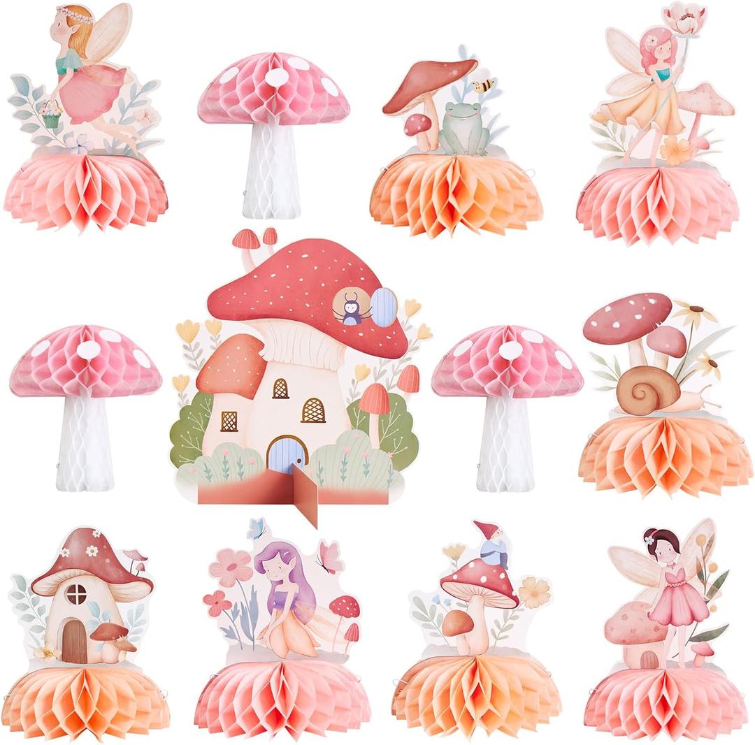 SUNBEAUTY 12 PCS Fairy First Birthday Decorations - Mushroom Honeycomb Centerpieces for Tables - Birthday Party Decor
