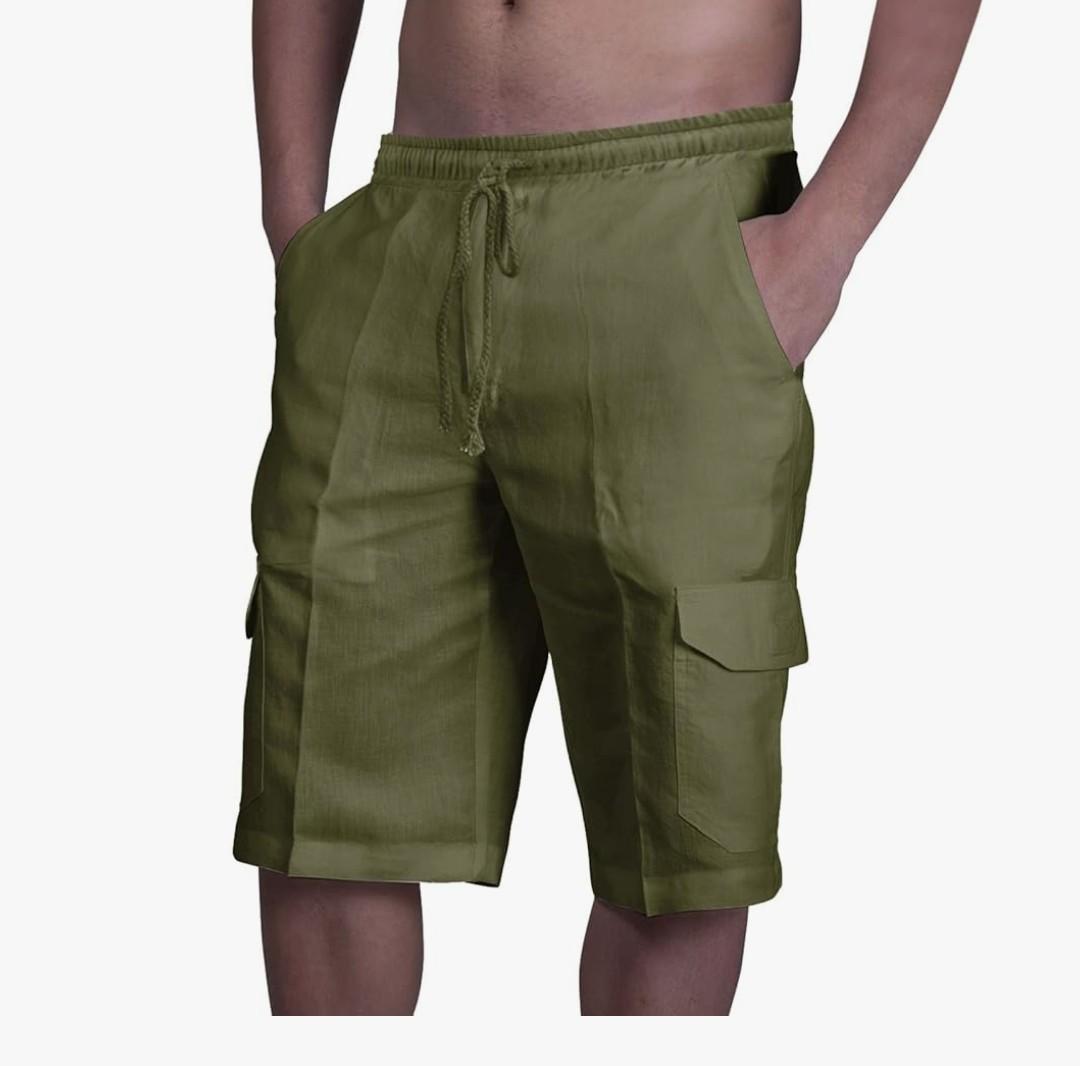 Men's Linen Shorts Casual Cotton Elastic Waist Drawstring Summer Beach Vacation Shorts with Pockets Large