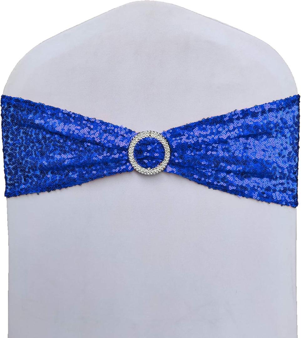 SheYang Elastic Sequin Chair Sashes with Buckle - Soft Stretch Material - Shining Chair Bows for Party Decoration - Royal Blue, 50