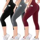 Blisset Women's High Waisted Capri Buttery Soft Tummy Control No See Through Workout Athletic Running Yoga Cycling (Large-X-Large, 105-black/Grey/Burgundy)