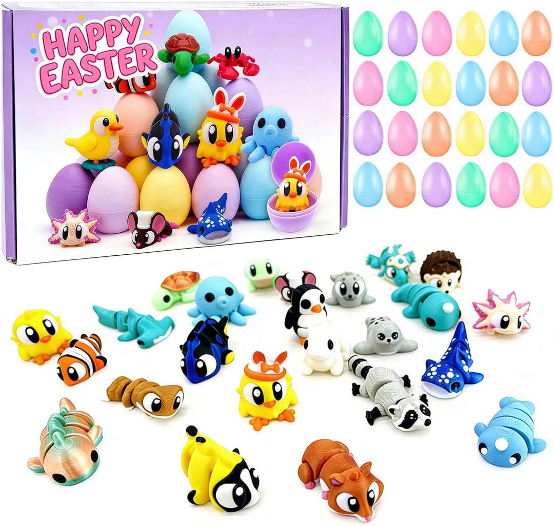 24pcs Prefilled with Easter Eggs 3D Printed Animals, Mini 3D Printed Figurines Gifts Toys for Kids Easter Basket Stuffers for Boy Girl School Classroom Prizes Hunt Supplies Party Favors