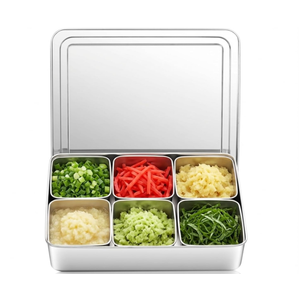 Boao 6 Compartment 304 Yakumi Pans Stainless Steel Seasoning Condiment Container with Lids Spoons, Japanese Yakumi Pans Mini Sauces Salad Dressings Storage for Food, Herbs, Spices