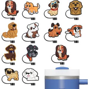 Stanley Straw Cover, 12PCS Silicone Dog Straw Toppers, Cute Drinking Caps 10mm Compatible with Stanley Cup 30 40 oz, Tumbler Accessories Decoration Gifts (Dog C)