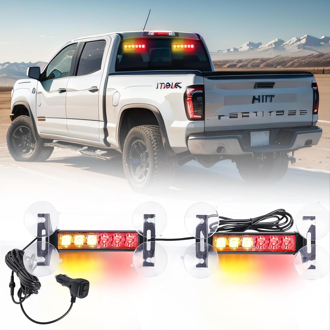 2X Strobe Lights: 6.1 inch Amber & Red Police Lights, 12 LED Emergency Hazard Warning Splitter, Front/Rear, Fire Trucks & Car