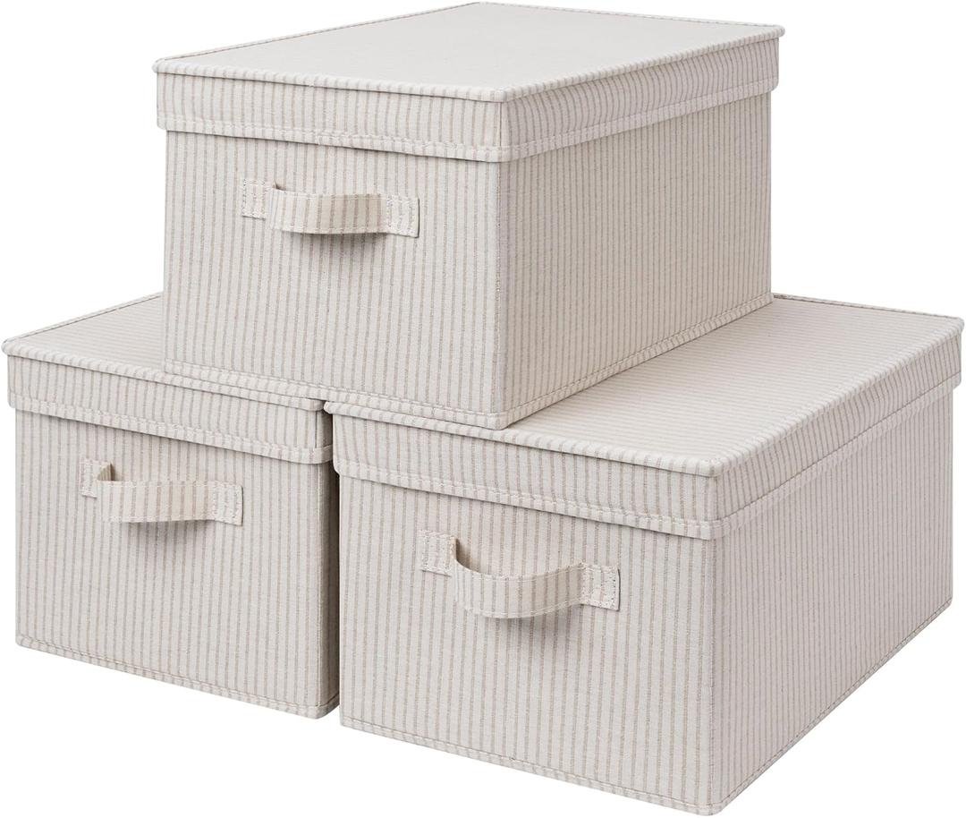 StorageWorks Fabric Storage Bins with Lids, Decorative Storage Bins with Soft Handles, Foldable Storage Baskets for Closet, Shelves, Stackable and Sturdy Organization, Khaki Stripe, Large, 3-Pack