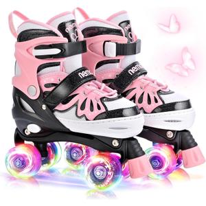 NEMONE Mermaid 4 Size Adjustable Light up Roller Skates for Girls, Purple Blue Skates for Toddlers, Beginner Kids Butterfly Roller Skates Indoor Outdoor (Medium - Big Kid) 32-36