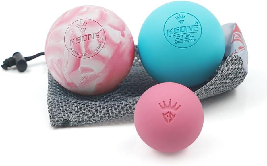 KSONE Lacrosse Massage Balls, Muscle Massage Roller Deep Tissue Balls Hard and Soft Massage Ball Set with Mini Ball and Mesh Bag. (Pink)