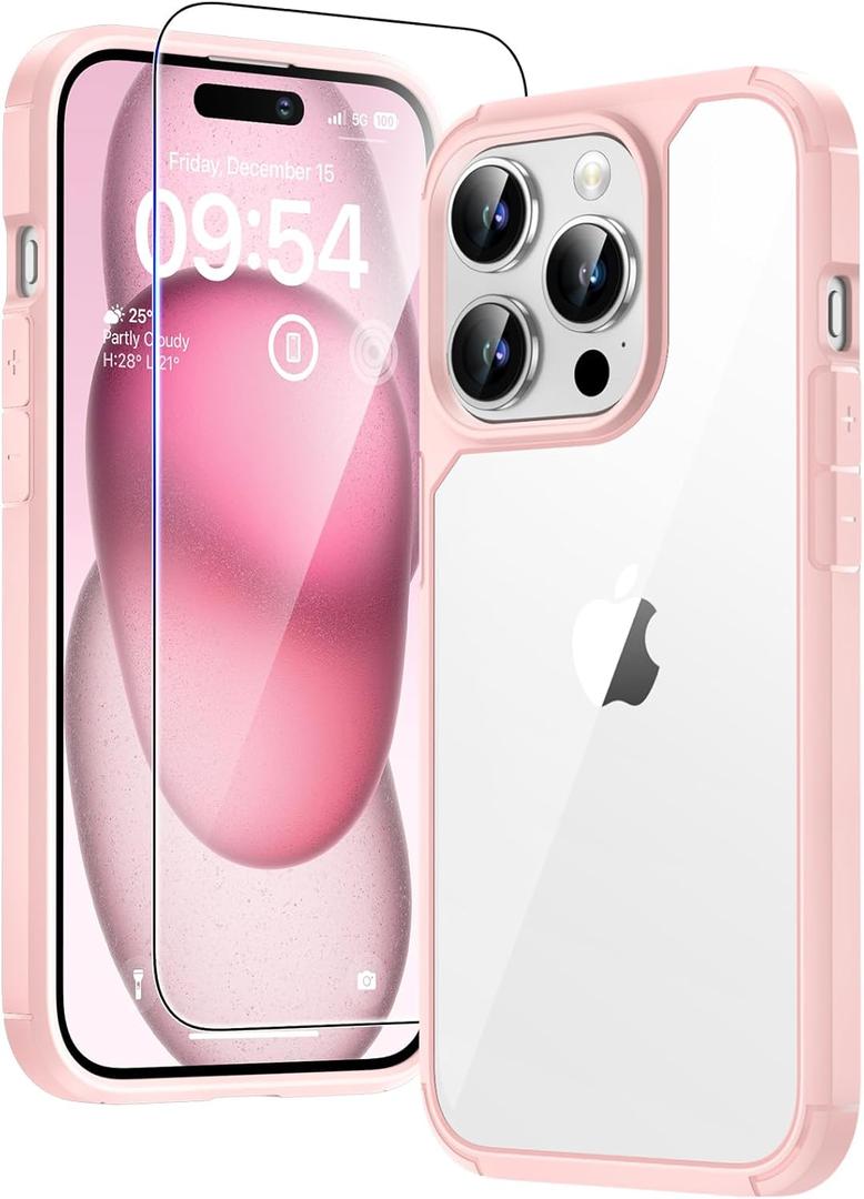 TAURI for iPhone 15 Pro Max Case, with Screen Protectors, Military Grade Drop Protection Shockproof Case for iPhone 15 Pro Max 6.7 Inch Pink