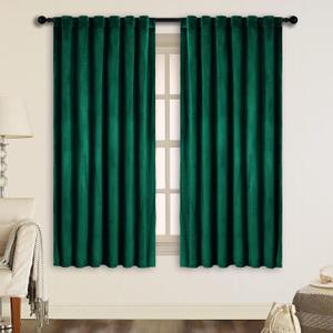SNITIE Emerald Green 63in Long Velvet Curtains with Back Tab and Rod Pocket Soft Privacy Light Filtering Velvet Drapes for Bedroom and Living Room, Set of 2 Panels, 52 x 63Inch Long