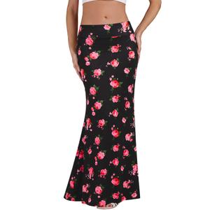 KIFOVEN Women's High Waist Maxi Skirt Stretchy Comfy Flare Long Skirts 2026 Fashion A-Line Flowy Casual Skirt Rose Print (Black, XL)