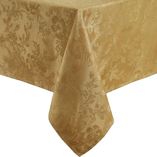 Elrene Home Fashions Poinsettia Elegance Jacquard Christmas/Holiday Wrinkle Resistant Dining Tablecloth, 52"X70" Oblong/Rectangle, Gold