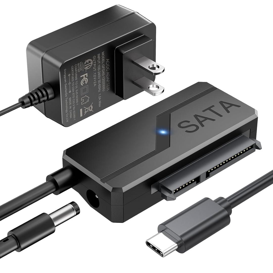 SATA to USB C Adapter with Power, USBC to SATA Cord External Hard Drive Type C Cable for 2.5" HDD/SSD & 3.5" HDD Up to 20TB Converter with 24W Adapter Support UASP Seagate WD Hitachi Toshiba