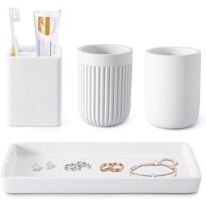 Resin Bathroom Toothbrush Cups Set with Holder and Tray, 4 Pcs Matte White Bathroom Accessories Set Counter Organizer for Sink Home Decor Resin Bathroom Toothbrush Cups Set with Holder and Tray, 4 Pcs Matte White Bathroom Accessories Set Counter Organizer for Sink Home Decor