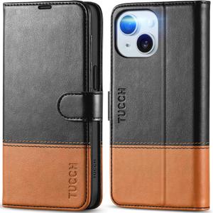 TUCCH Wallet Case for iPhone 15 5G, [RFID Blocking] 4 Card Slot Holder Kickstand [Shockproof TPU Interior Case], PU Leather Magnetic Flip Cover Compatible with iPhone 15 6.1" 2023, Black & Brown