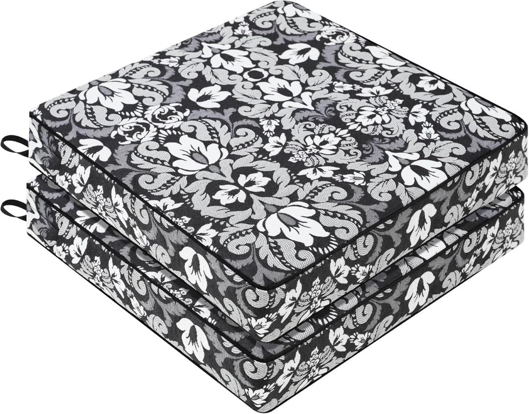 Favoyard Outdoor Chair Cushion 19 x 19 x 3 In Waterproof Pattern Fade Resistant Cushions for Patio Furniture with Removable Cover Attach Straps 28D Foam Insert Cushions Pads for Seat Sofa Couch 2 Pack (Grey Floral)