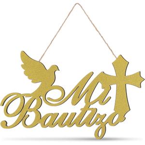 Gerrii Mi Bautizo Letter Sign Glitter Wooden Wall Hanging Baby Shower Decor First Communion Accessories for Baby Shower Supplies Gender Reveal Backdrop Party Christmas Gift Ornaments (20" x 12",Gold)