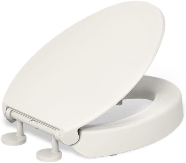 KOHLER Hyten Elevated Quiet-Close Elongated Toilet Seat, Biscuit, 3" Raised Seating Surface, Grip-Tight Installation Hardware