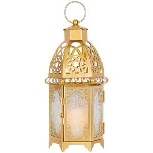 DECORKEY Moroccan Lanterns Decorative Indoor & Outdoor, 11’’ Medium Size Golden Metal Hanging&Tabletop Candle Holder Decor, Halloween Christmas Ramadan Decorations for Home Porch Patio (Golden)