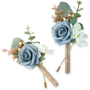 Boutonniere for Men Wedding, Groom Groomsman Artificial Rose Flowers for Wedding Anniversary Celebration,Prom,Party,Home Decoration Set of 2 (Dusty Blue)