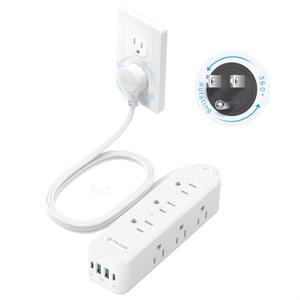 TROND 360 Rotating Flat Plug Power Strip with USB PD 20W, 5FT Flat Extension Cord Surge Protector 1300J with 9 Outlets 4 USB Ports, Wall Mountable, for Home Office Travel Dorm Room Essentials, White