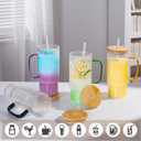 32oz Ribbed Glass Cup with Handle Bamboo Lid and Straw, Glass Tumbler, Iced Coffee Cups Hot/Cold Drinks (Black Handle)