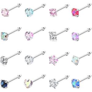 SEEDRILL Nose Rings Studs for Women 16Pcs 20G/18G Nose Studs Hypoallergenic 316L Surgical Steel Nose Piercings Jewelry 3mm CZ & Opal Nose Ring L Shape Nose Stud 20 Gauge Nose Screw Studs