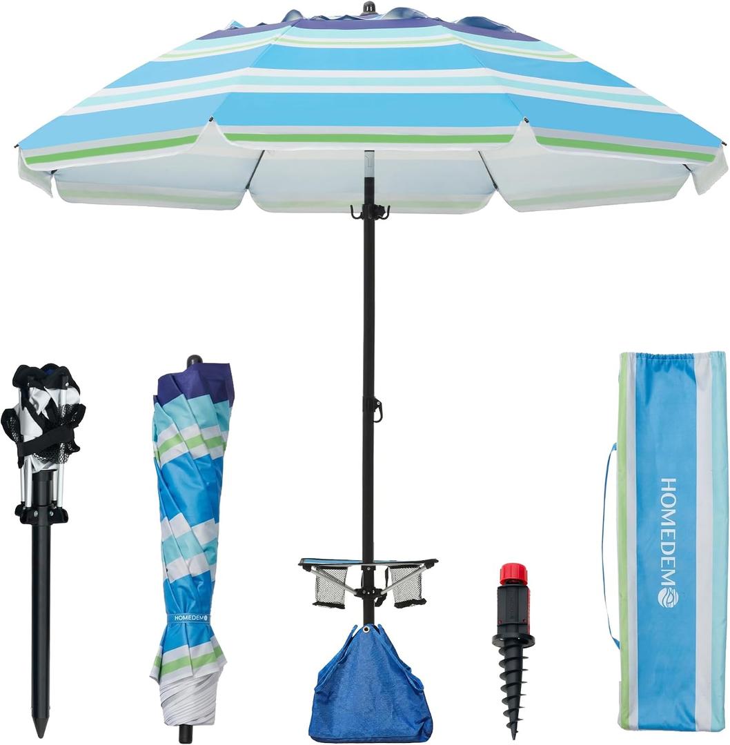 HOMEDEMO 8FT Large Beach Umbrella with Weight Bag & Sand Anchor, Outdoor Umbrellas with Adjustable Aluminum Pole and Table, Heavy Duty Windproof & UPF 50+
