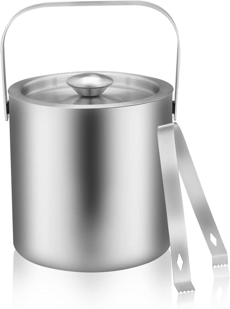 Mini Ice Bucket Portable Double Wall Ice Bucket with Tong,Stainless Steel Hotel Bucket/Champagne/Beverage Bucket,Size 1.3 Liters 5.5 x 5.5 in,Serveware for Party,Event,and Camping.