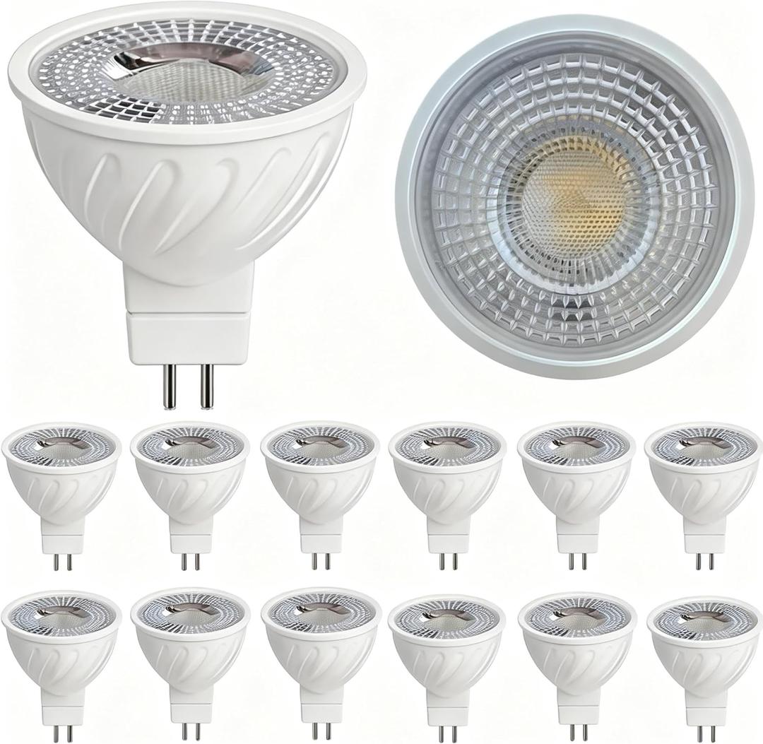 MR16 LED Bulb, 12&36V Low-Voltage GU5.3 LED Bulbs, 3000K LED Light Bulbs. Suitable for Road Light, Patio Lights, Track Lights, Outdoor and Indoor Landscape Lighting. 12 -Pack, dimmable. (Striped Pure White)