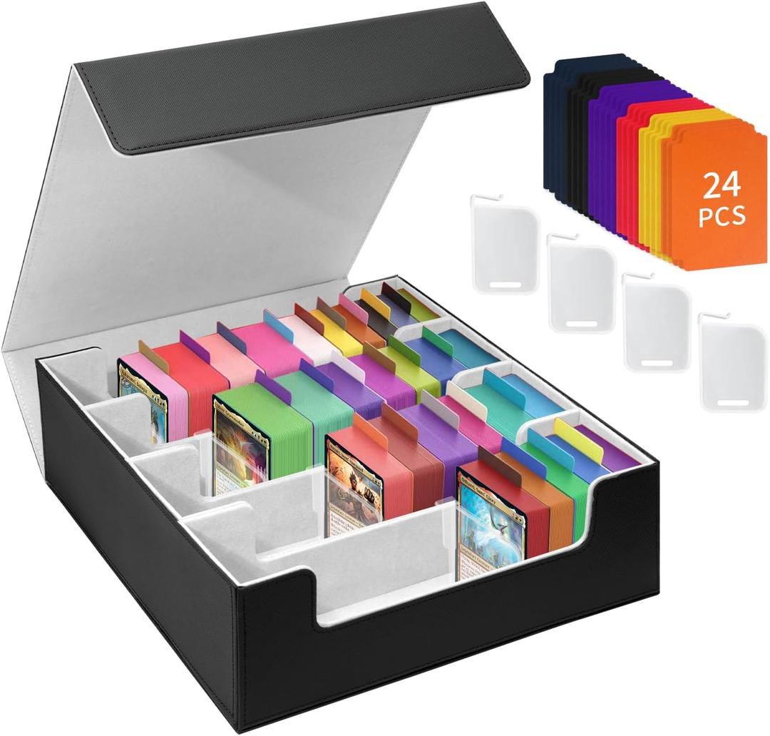 Card Deck Storage Box for Trading Cards 3000+MTG Deck Box with 24 Colorful Divider Tabs, Card Supporters PU Leather Trading Card Storage for Magic Game Cards TCG and Sport Cards (Black Gary)