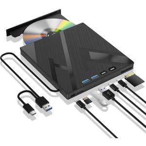 7 in 1 External Blu Ray Drive, External Blueray/DVD Drive for PC with SD/TF Port Blu Ray Burner, Support 100G Disc R/W for PC External Blu Ray Drive for Windows Linux MacOS Laptop Desktop