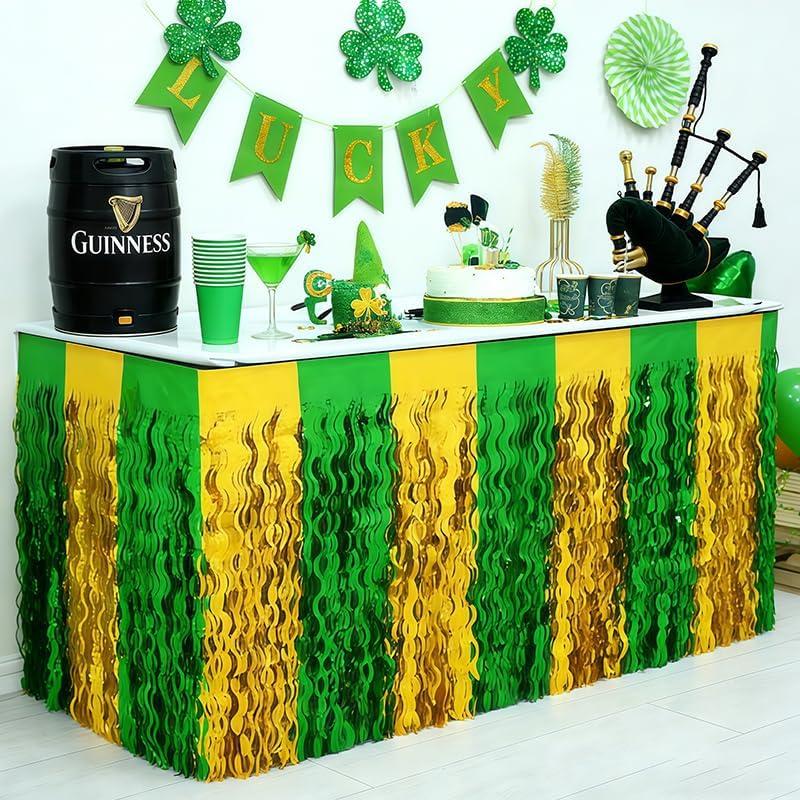 2 Pcs St. Patrick's Day Party Decorations,29.5 x 108 Inch Green Gold Table Skirts,Metallic Wavy Tinsel Foil Fringe Table Skirts,Round and Rectangle Tables Decorations for Irish-Themed Party Supplies