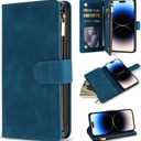 ZZXX for iPhone 14 Pro Case Wallet with [RFID Blocking] Card Slot Premium Soft PU Leather Zipper Flip Folio with Wrist Strap Kickstand Protective Cover for iPhone 14 Pro Wallet Case(Blue-6.1 inch)