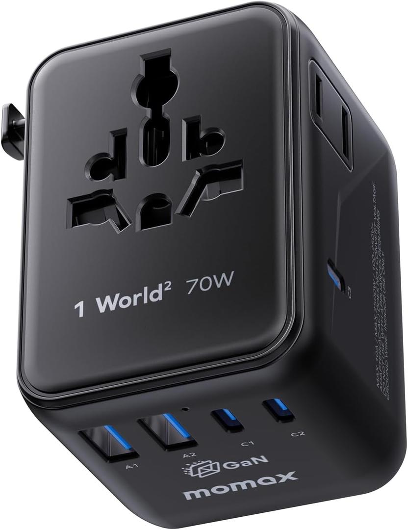 MOMAX Mini 7-in-1 Universal Travel Adapter, GaN 70W Dual AC, 3 USB-C & 2 USB-A, Travel Essentials for 200+ Countries International Charger for Laptop, Phone, US/EU/UK/AU Plug
