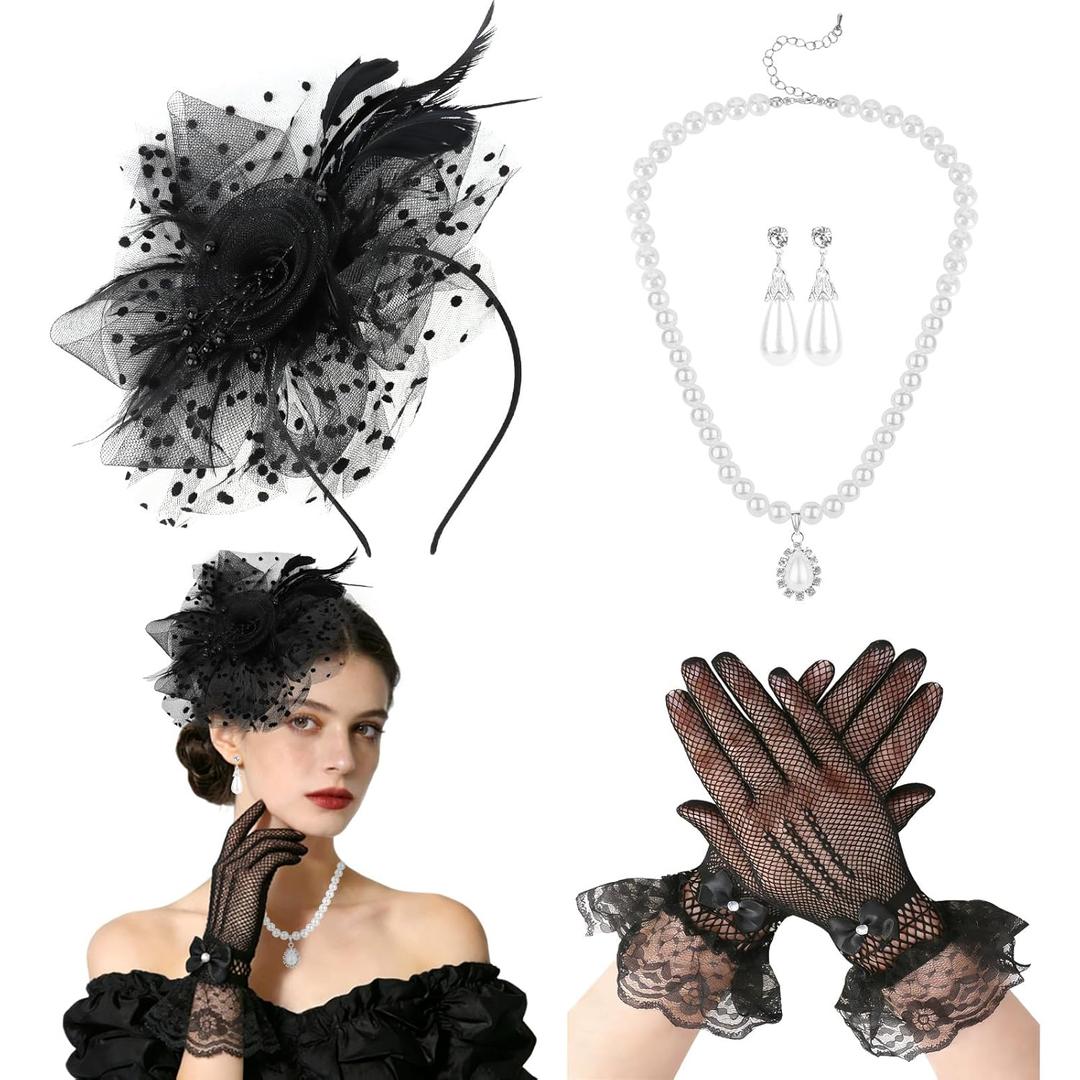 Fascinators Hats for Women Black Tea Party Veil Mesh Headband and Glove Set with Pearl Jewelry Kentucky Outfits Vintage Party Derby Hats for Weddings Cocktail Church