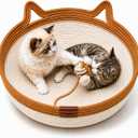 Large Stimulicat Handwoven Cat Basket, Natural Cotton Rope Cat Bed with Hanging Toy Ball, Scratchable & Breathable Cat Basket for Indoor Cats, Foldable Cozy Cat Nest, Interactive Cat Scratcher Bed