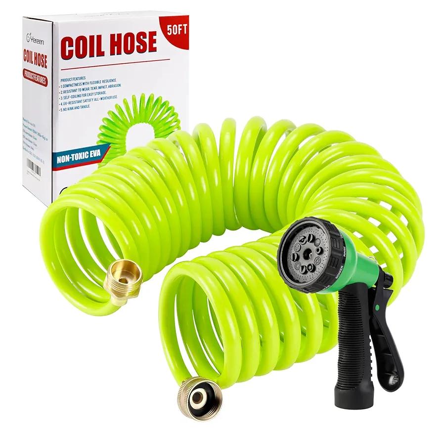Yereen Coil Garden Hose 50FT, EVA Recoil Garden Hose, Self-coiling Water Hose with 3/4" Connector Fittings with 8 Function Spray Nozzle, Grass Green