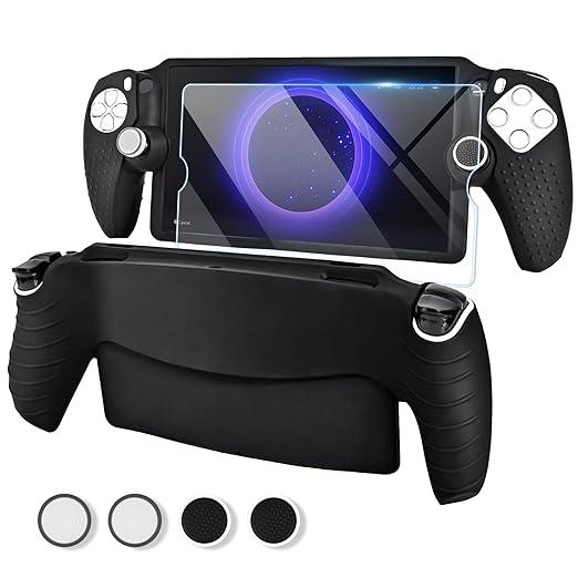 EasEasy Compatible for Sony PlayStation Portal Case, Soft Silicone Protective Cover with 9H Tempered Glass Screen Protector for PS5 Portal AntiScratch Skin Case with 4 Cute Thumb Grip CapsGray