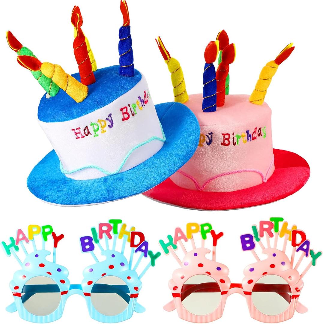 Coume 2 Plush Birthday Hats for Adults, 2 Sweet Cream Glasses, Party Novelty Decorations Happy Birthday Hats (Blue,pink)