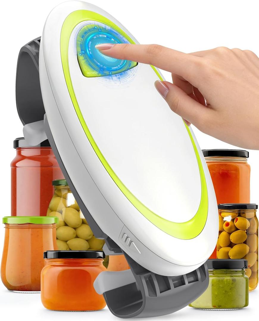 Electric Jar Opener One-Touch High Torque, Hands-Free Jar Opener for Weak Hands & Seniors, Battery Operated Jar Opener Kitchen Tool Fits Most Jar Sizes, White+Green