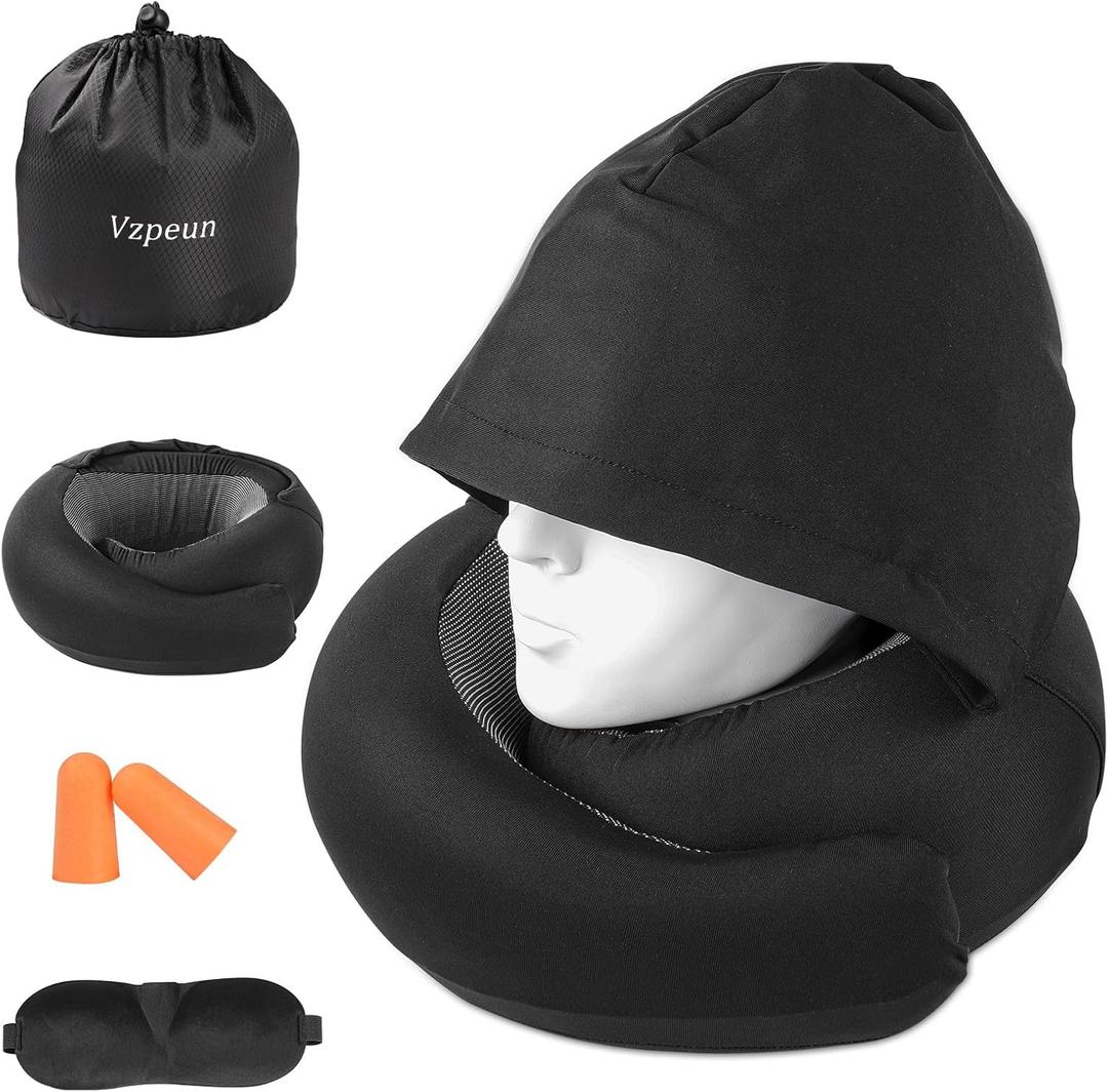 Travel Pillow - Hooded Neck Pillow Airplane Memory Foam Filling for Plane, Office, Cars Sleeping, Road Trip, Long Flights, Portable Plane Accessories, Includes Eye Mask & Earplugs (Black)