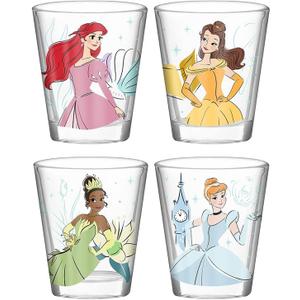 Silver Buffalo Disney Princess Featuring Ariel, Belle, Tiana, and Cinderella 4 Pack Mini Glass Set, 1.5 Ounces
