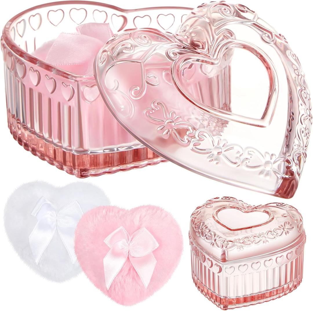 Tioncy 3 Pcs Large Body Powder Puff and Container Mother's Day Gift Powder Container with Puff Crystal Case Soft Washable Reusable Velour Face Body Glitter Wet Dry Makeup (Pink, Heart)