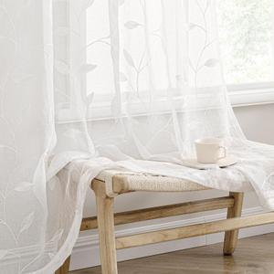 MIULEE White Sheer Curtains 2 Panels Embroidered Leaf Patterned Rod Pocket Floral Semi Sheer Faux Linen Window Curtains Drapes Set for Living Room Bedroom Dining Room, 52x84 Inches Long
