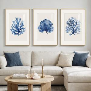 Large Framed Blue Coastal Coral Wall Art for Living Room, 3 Piece Nautical Ocean Pictures Artwork for Walls, Beach Modern Minimalist Watercolor Prints for Bedroom Dining Room Wall Decor, 24x36 Inch