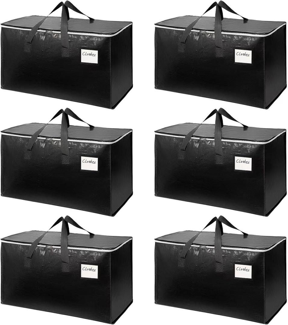 6-Pack Extra-Large Heavy-Duty Moving Bags with Reinforced Handles, Durable Zippers & Waterproof Material  Perfect for Space-Saving, Storage, Shipping and Travel (Black)