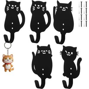 4 Pcs Cute Cat Metal Hooks Wall Mount Iron Black Decorative Wall Mounted Coat Hooks Cute Animal Key Hanger Decor Cat Lover Gifts for Clohes, Towels, Hats